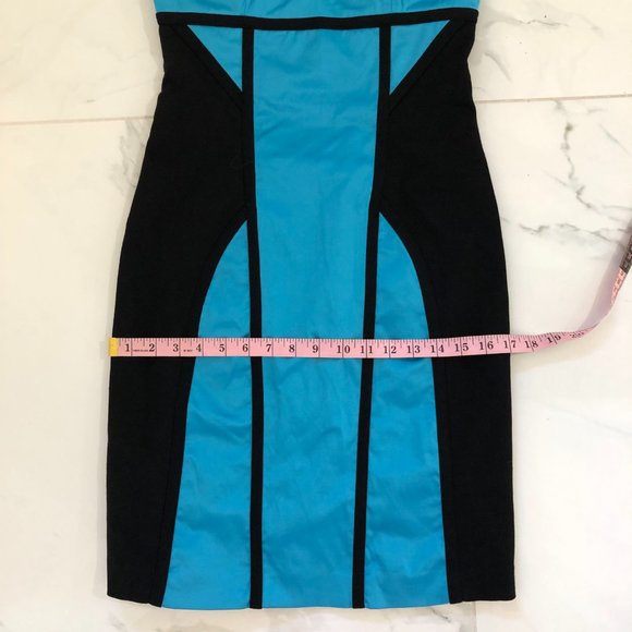 NEW BEBE Classic Black & Turquoise Blue Color block Silky Satin Stylish DRESS S - Picture 9 of 13
